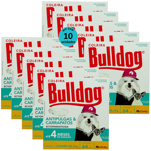 COLEIRA ANTIPULGAS E CARRAPATOS BULLDOG 4 COM 64CM E 25G PARA CÃES E GATOS COVELI KIT COM 10 COLEIRA ANTIPULGAS E CARRAPATOS BULLDOG 4 COM 64CM E 25G PARA CÃES E GATOS COVELI KIT COM 10